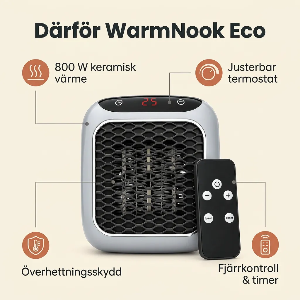 Därför WarmNook Eco: 800 W keramisk värme, termostat, fjärrkontroll, timer och överhettningsskydd
